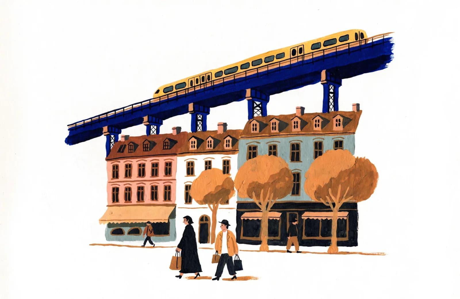 Illustration: Die gelbe Hochbahn über Altbauten am Kottbusser Tor, darunter Läden und Passanten